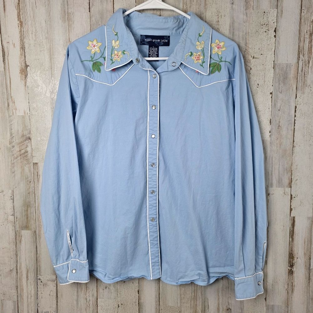 Susan Graver Floral Embroidered Snap Down Shirt Blue Size Large